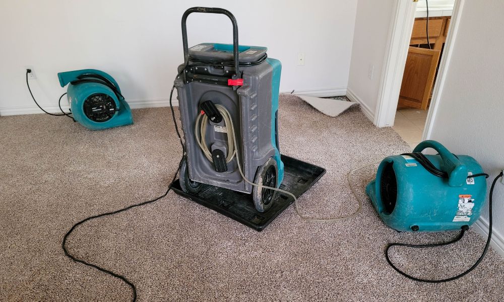 Drying a flooded wet carpet using a dehumidifier