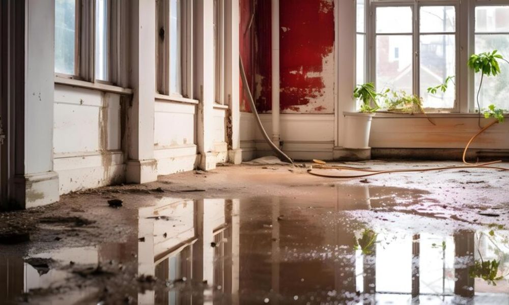 Flooded room with standing water and visible damage, requiring water damage restoration to remove water, dry the area, and repair structural issues.