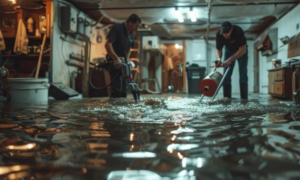 Two men cleaning up a flooded basement